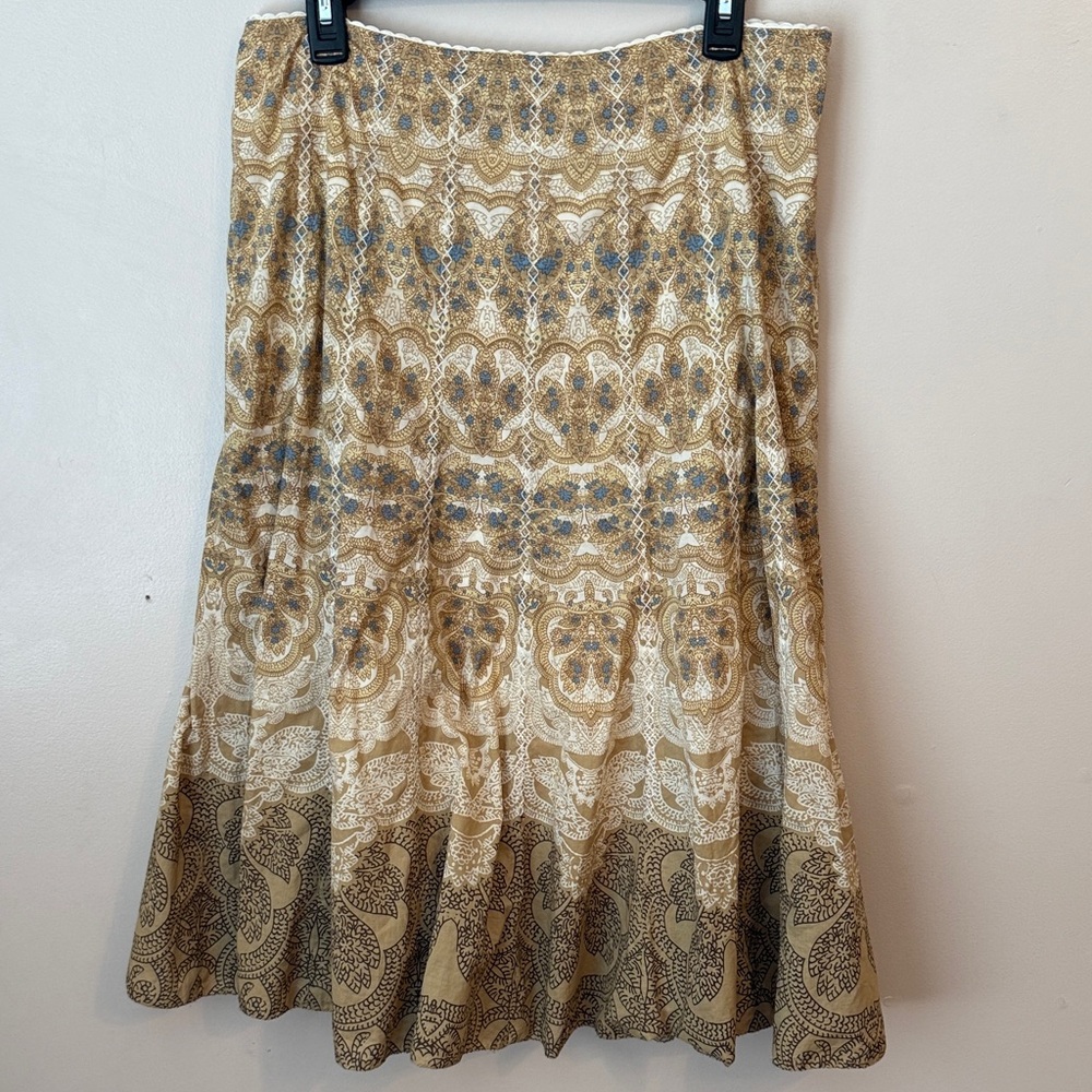 Elie Tahari Rochelle Skirt Womens 12 Beige Multi Cotton Embroidered Lined Midi